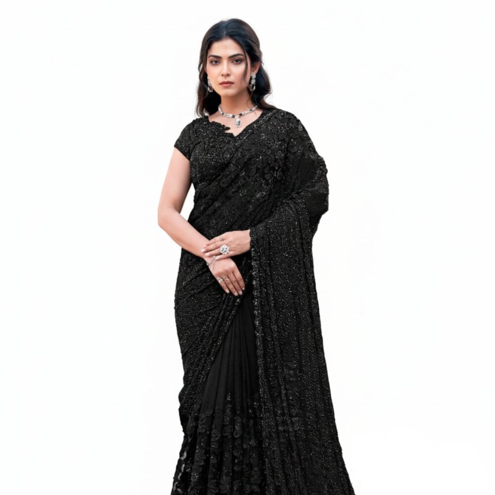 Elegant Women's Armani Tulle Black Designer Saree